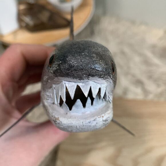 Handcrafted & Hand Painted Folk Art Wood & Metal Shark W/Overbite Spearing Decoy - Picture 11 of 17